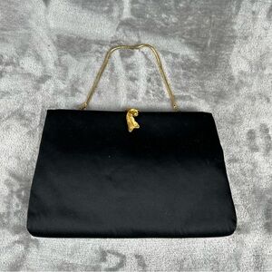 Vintage Black Satin Clutch/Frame Purse Gold & Rhinestone Hardware W/ Coin Pouch